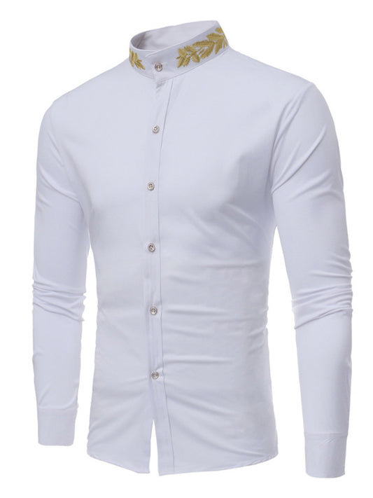 Embroidery Stand Collar Plain Single-Breasted Men's Shirt