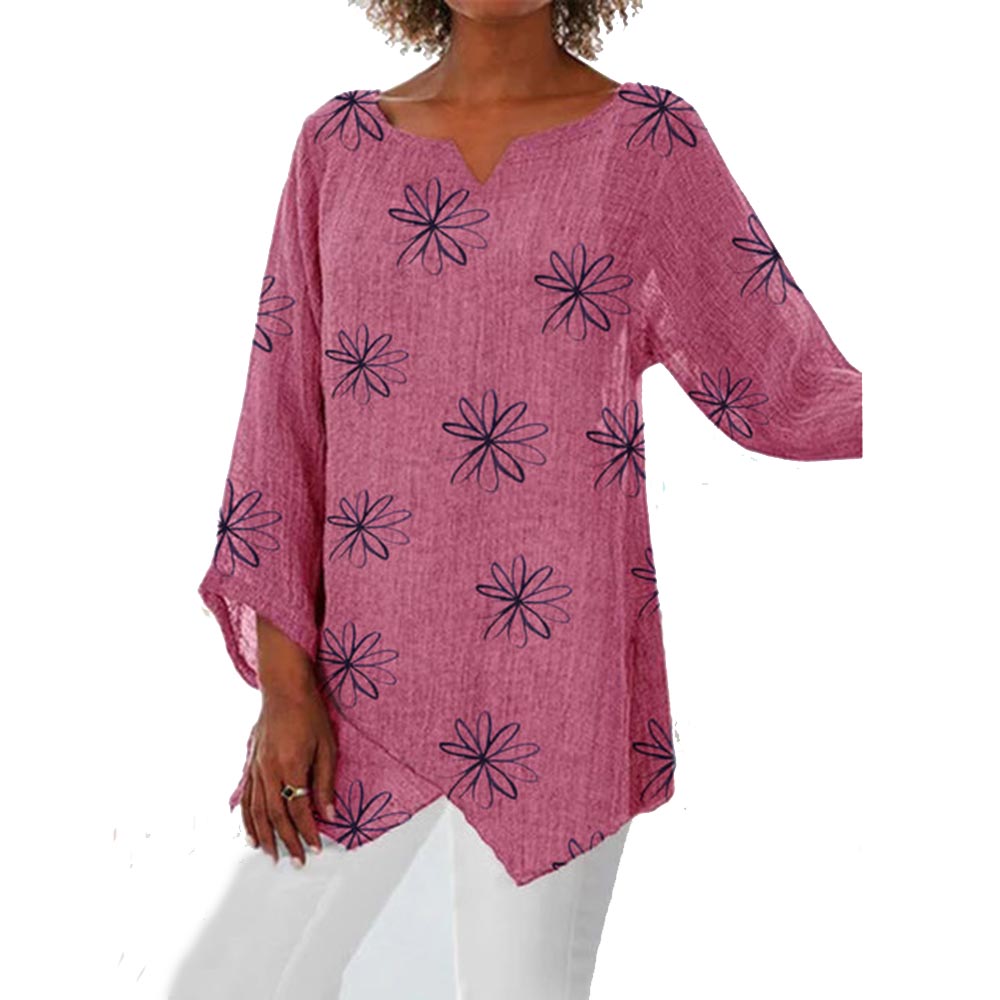 V-Neck Mid-Length Floral Nine Points Sleeve Loose Women's T-Shirt