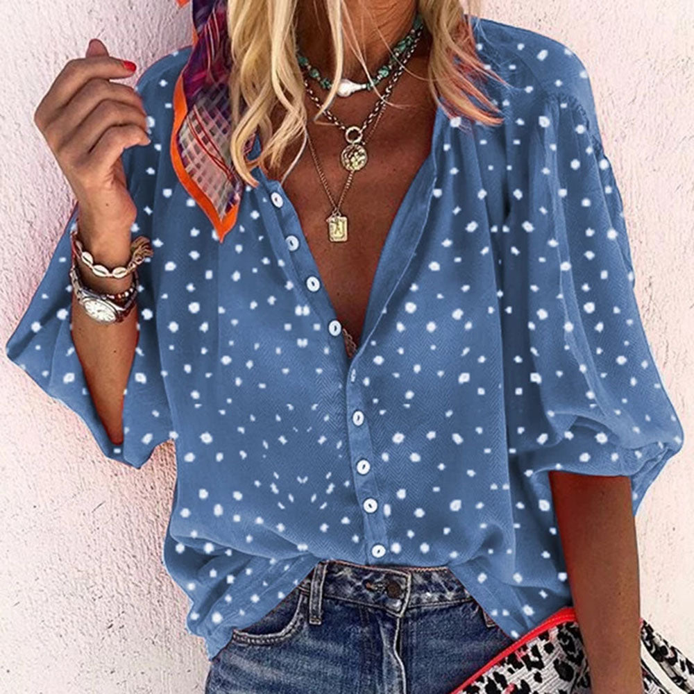 Polka Dots Lapel Three-Quarter Sleeve Women's Blouse