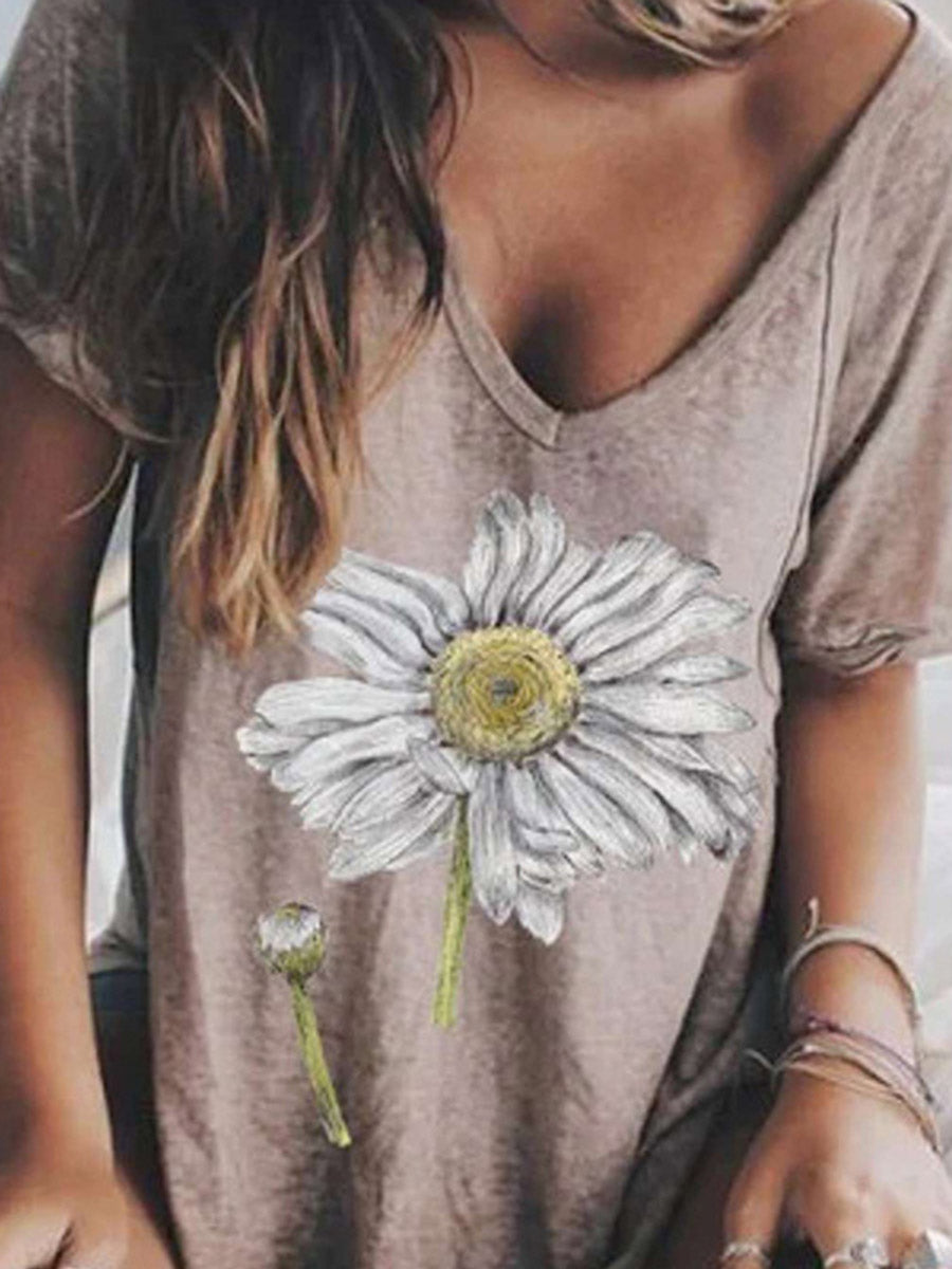 V-Neck Floral Short Sleeve Mid-Length Loose Women's T-Shirt