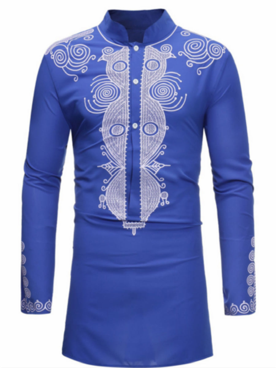 Dashiki Print African Ethnic Style Stand Collar Plain Slim Men's Shirt