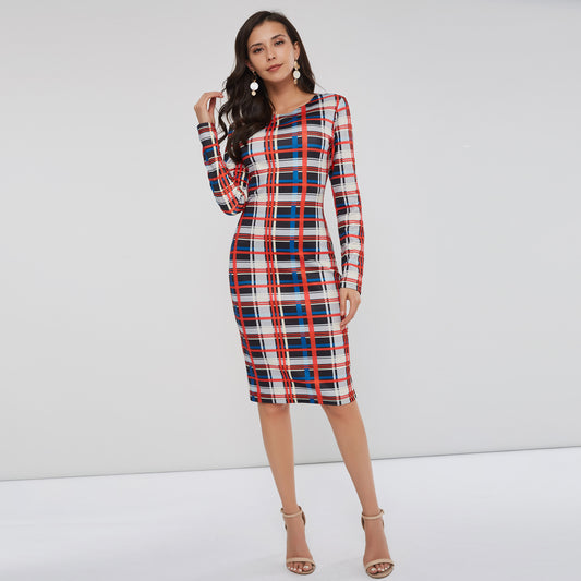 Knee-Length Round Neck Long Sleeve Print Spring Women's Dress