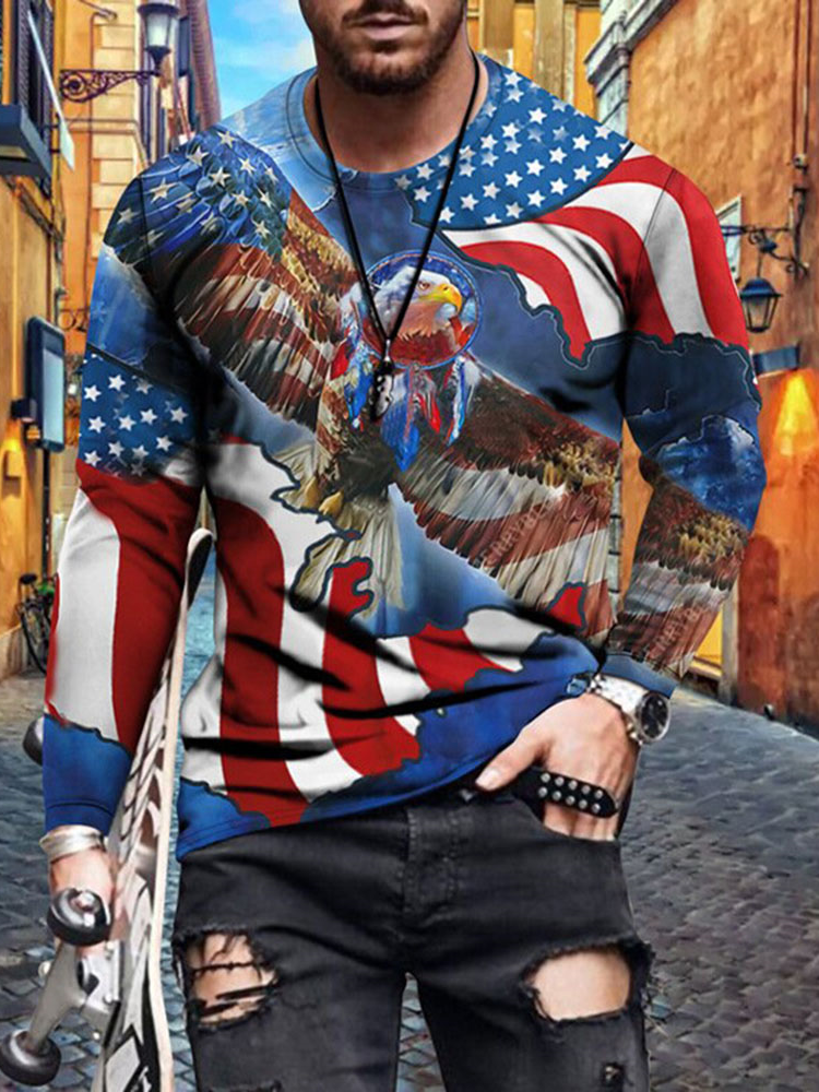 American Flag Patriotic T-Shirt | Round Neck Casual Print Long Sleeve Men's T-shirt