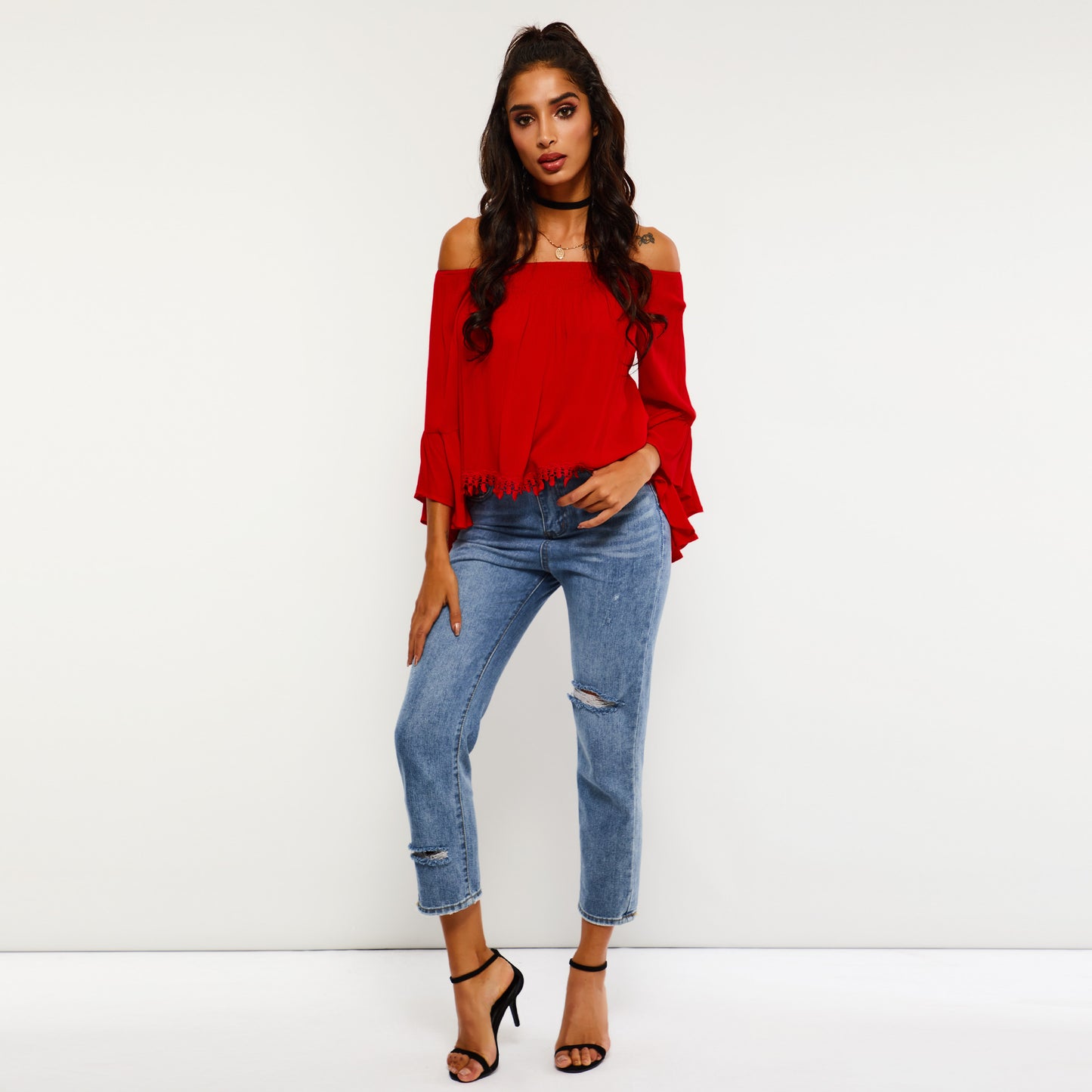 Plain Off Shoulder Asymmetric Flare Sleeve Short Women's Blouse