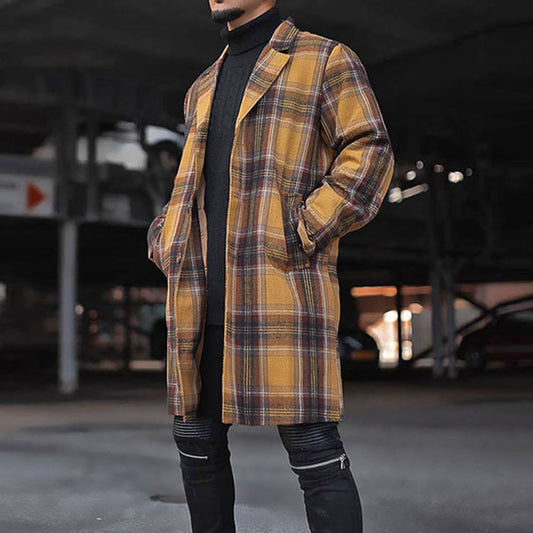 Plaid Lapel Mid-Length Single-Breasted Men's Coat