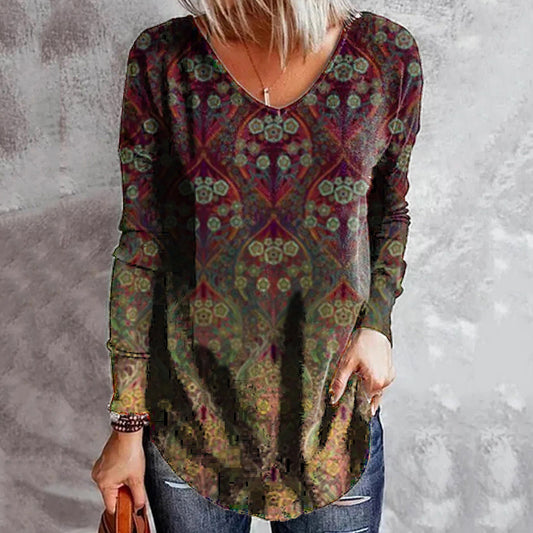 Long Sleeve Mid-Length Geometric Casual Women's T-Shirt