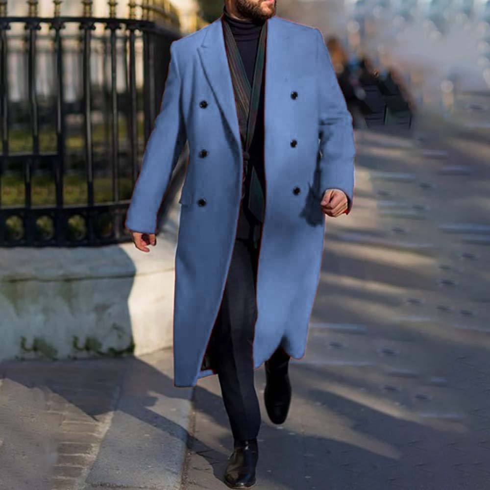 Button Plain Long Notched Lapel Double-Breasted Men's Coat