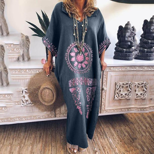 Three-Quarter Sleeve Floor-Length Print Pullover Women's Dress