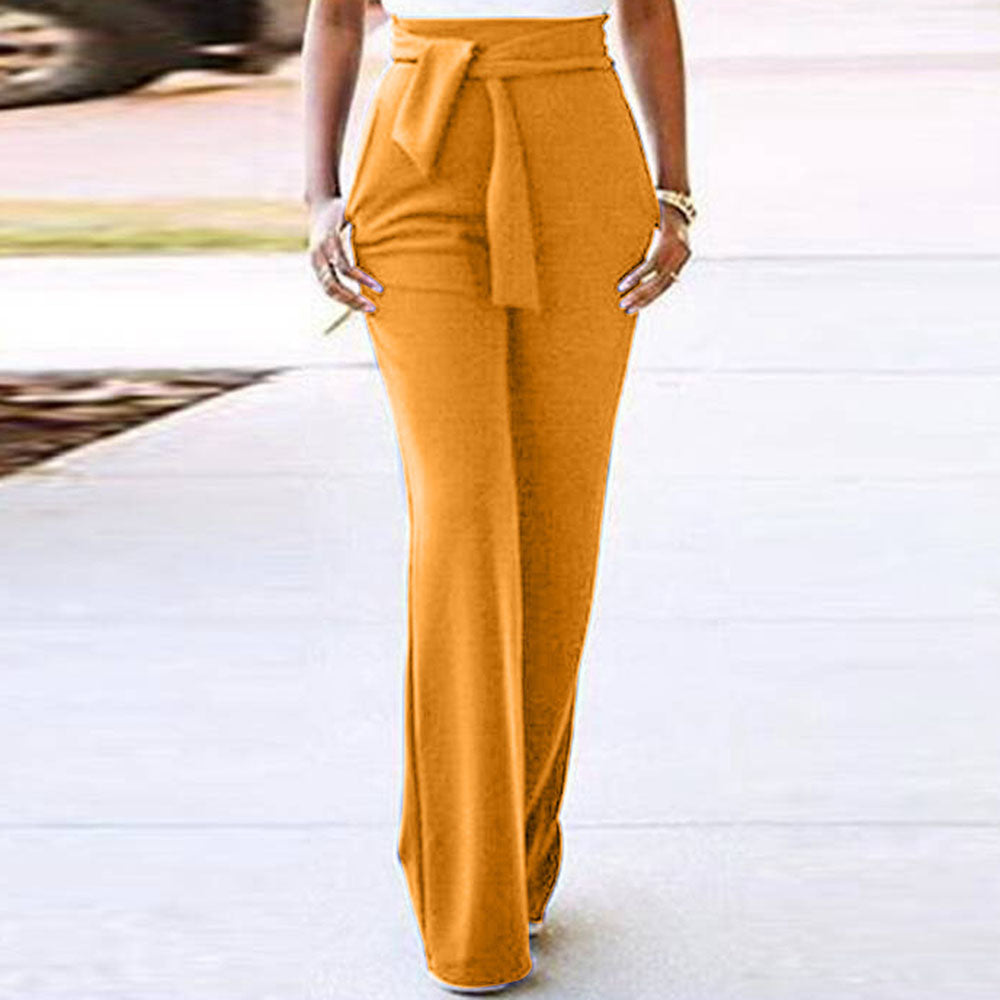 Belt Plain Loose Full Length Women's Casual Pants