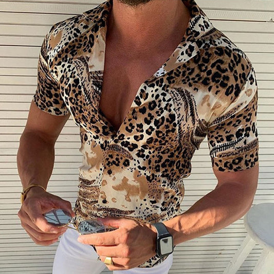 Leopard Print Lapel Casual Summer Men's Shirt