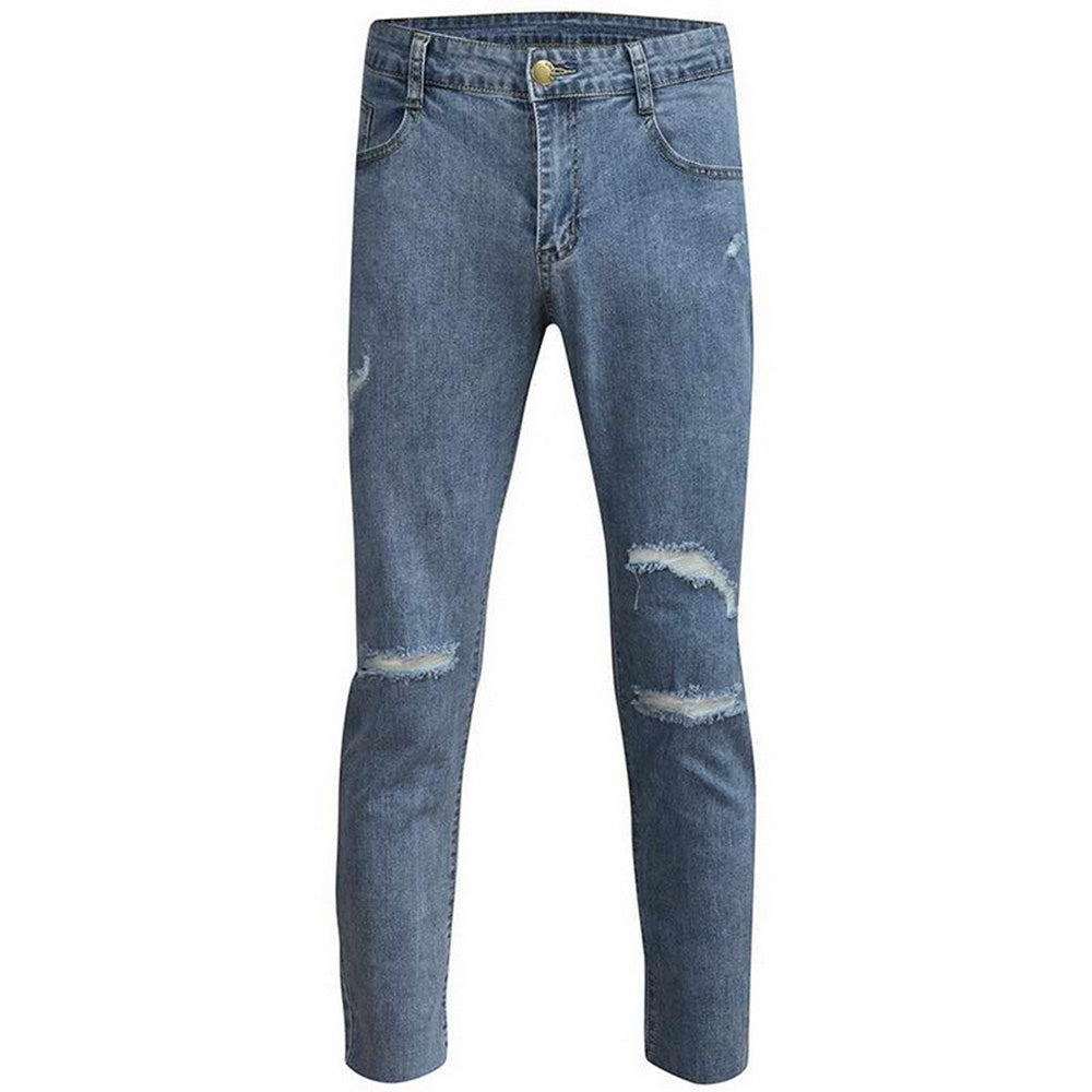 Hole Plain Pencil Pants Mid Waist Men's Jeans