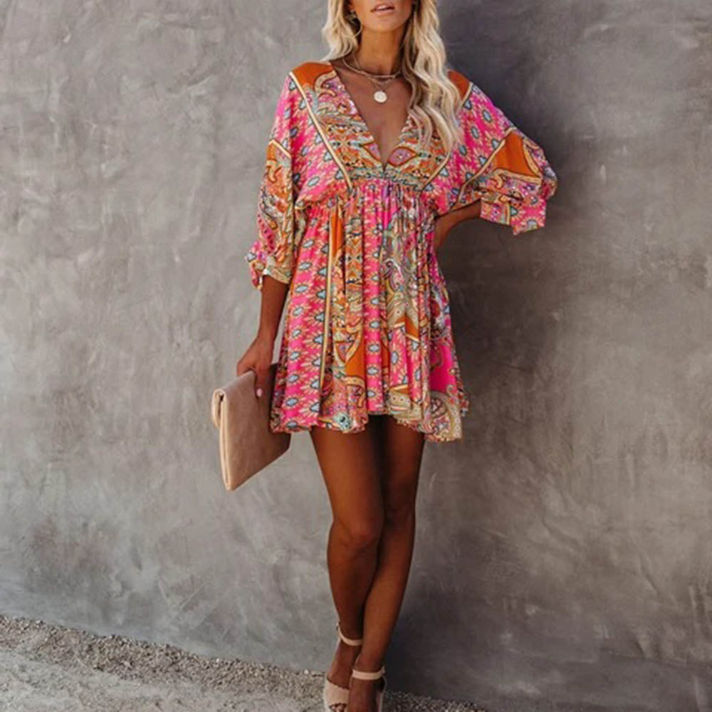 Above Knee V-Neck Three-Quarter Sleeve Print Floral Women's Dress