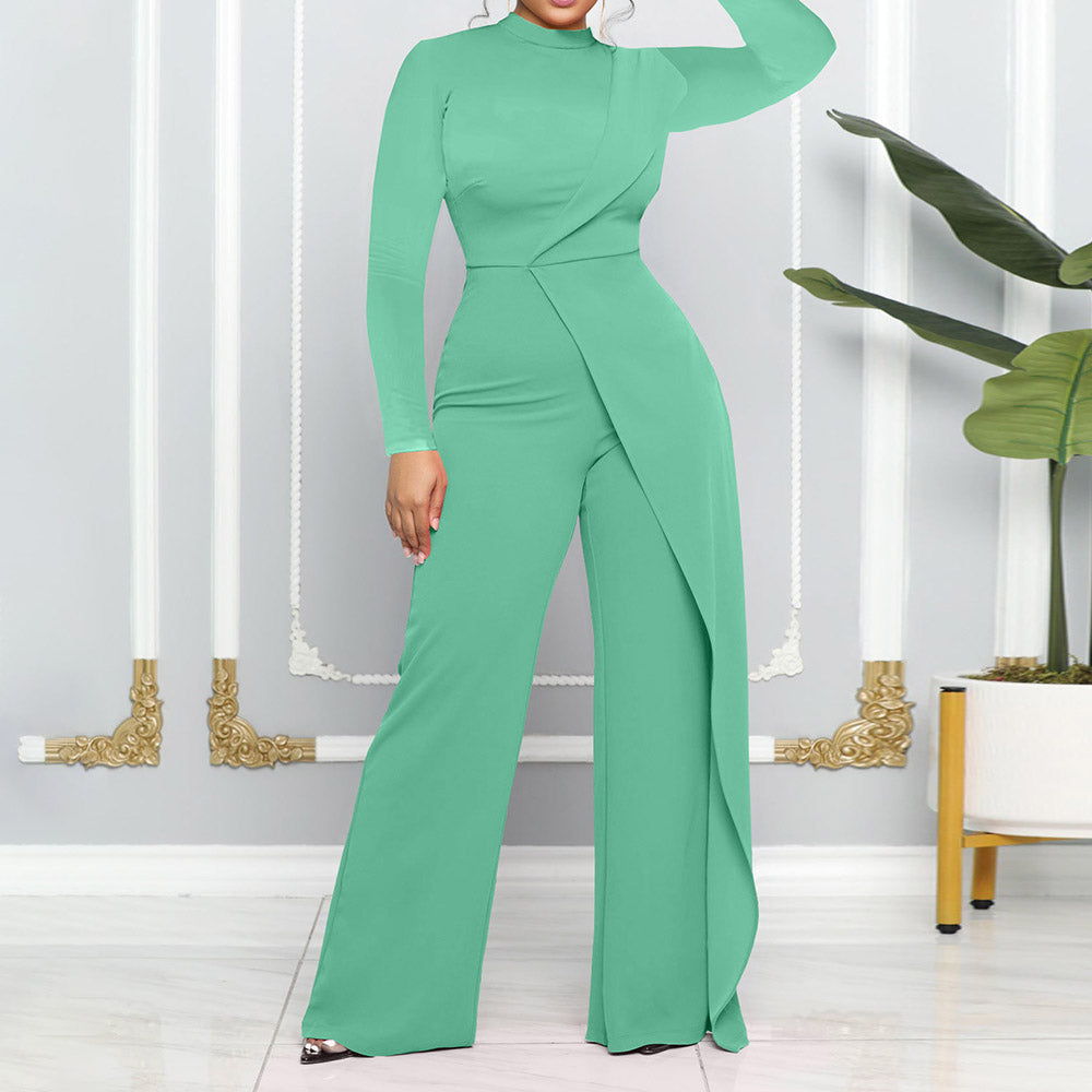 Full Length Office Lady Asymmetric Plain Mid Waist Women's Jumpsuit