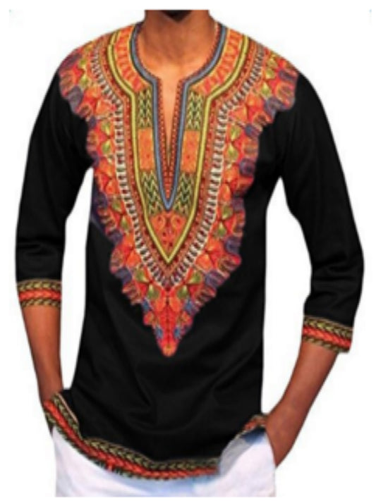 Print African Ethnic Style Round Neck Floral Slim Men's Shirt