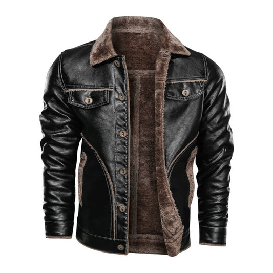 Plain Lapel Standard Single-Breasted Men's Leather Jacket