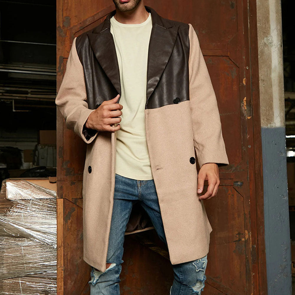 Notched Lapel Patchwork Color Block Mid-Length Fall Men's Coat