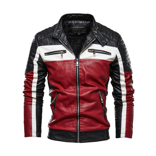 Color Block Stand Collar Standard Slim Men's Leather Jacket