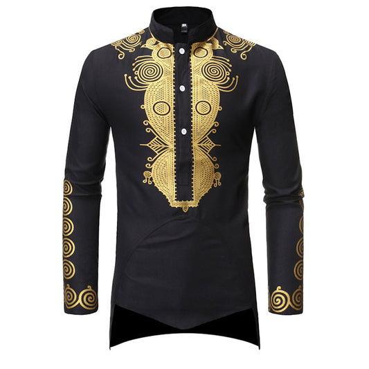 Dashiki Shirts - Print Stand Collar Floral Ethnic Slim Men's Shirt