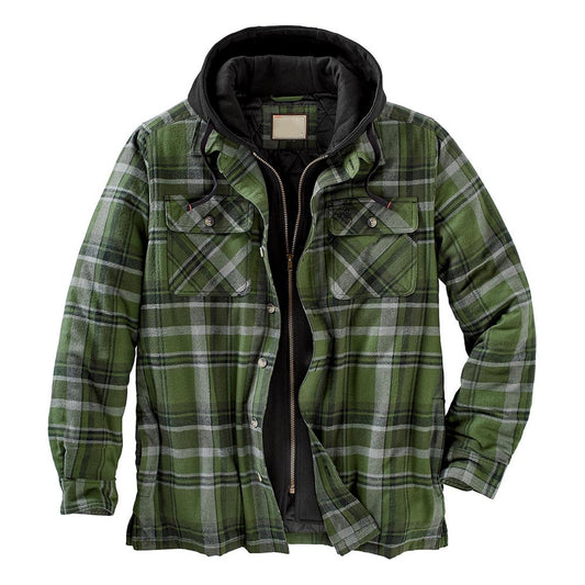 Pocket Plaid Thick Hooded Zipper Men's Jacket