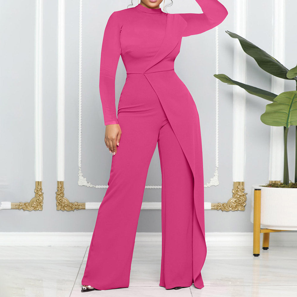 Full Length Office Lady Asymmetric Plain Mid Waist Women's Jumpsuit