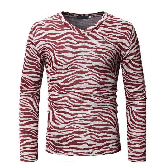 Zebra Stripe V-Neck Casual Long Sleeve Men's T-shirt