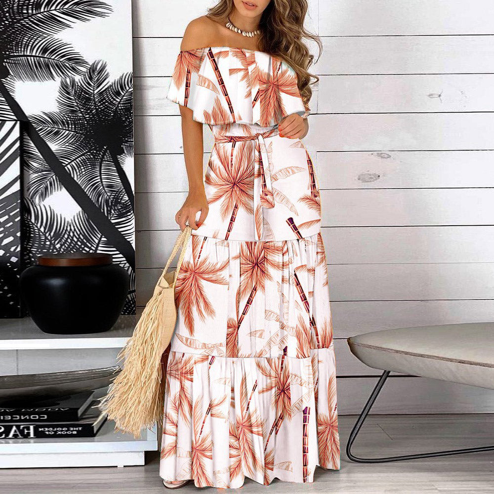 Floor-Length Print Short Sleeve Off Shoulder A-Line Women's Dress