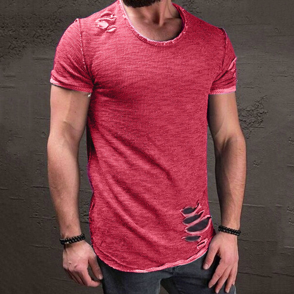 Round Neck Plain Casual Hole Slim Men's T-shirt