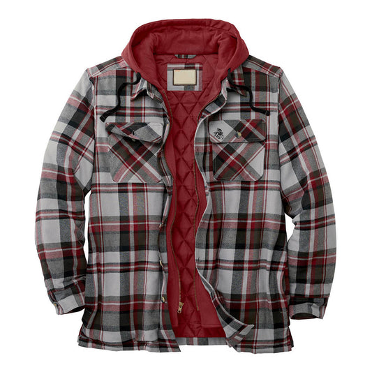 Pocket Plaid Thick Hooded Zipper Men's Jacket