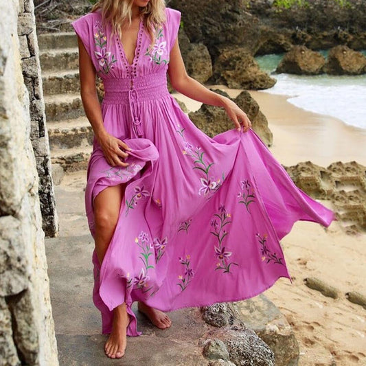 V-Neck Floor-Length Cap Sleeve Embroidery Casual Women's Dress