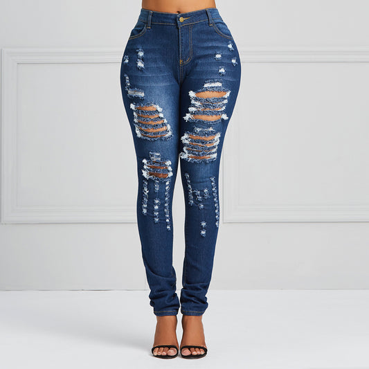 Hole Pencil Pants Plain Skinny Women's Jeans