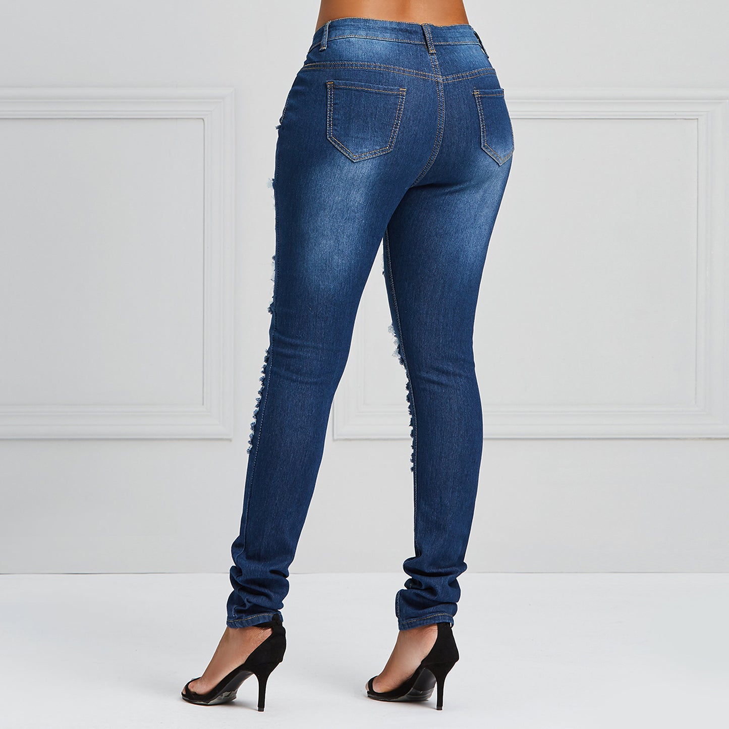 Hole Pencil Pants Plain Skinny Women's Jeans