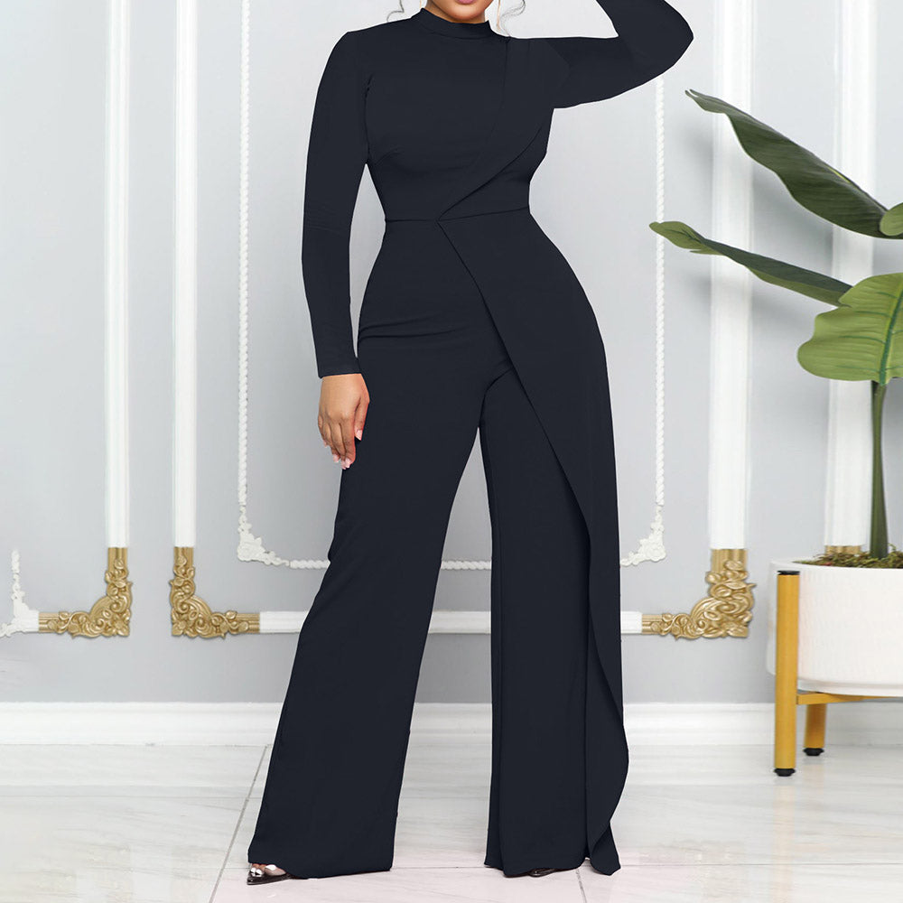 Full Length Office Lady Asymmetric Plain Mid Waist Women's Jumpsuit