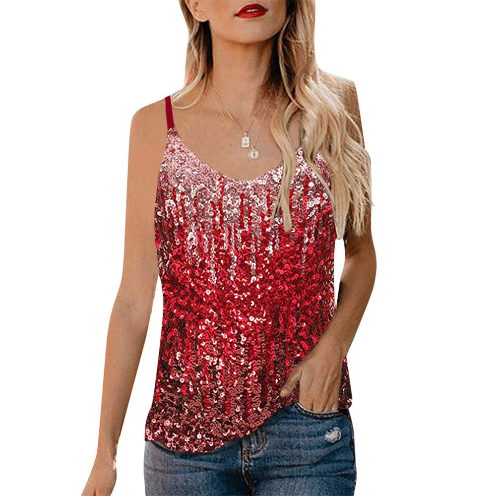 Polyester Summer Spaghetti Straps Sequins Standard Women's Tank Top