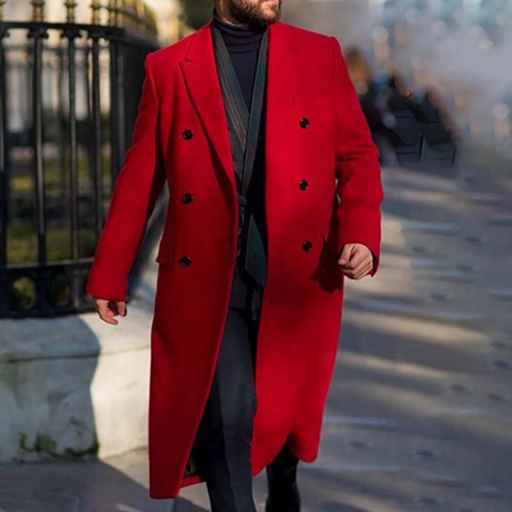 Button Plain Long Notched Lapel Double-Breasted Men's Coat