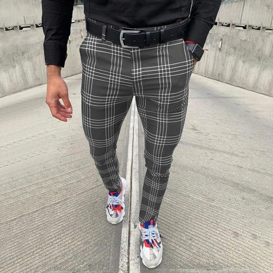 Pencil Pants Plaid Mid Waist Men's Casual Pants