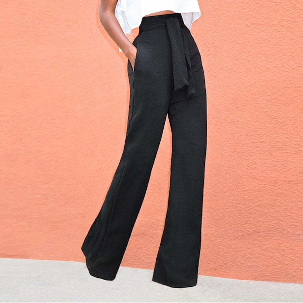 Belt Plain Loose Full Length Women's Casual Pants