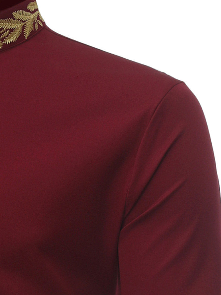 Embroidery Stand Collar Plain Single-Breasted Men's Shirt