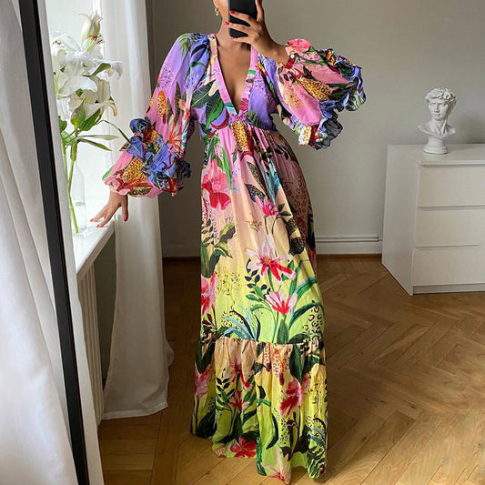 Floor-Length Long Sleeve Print V-Neck Pullover Women's Dress