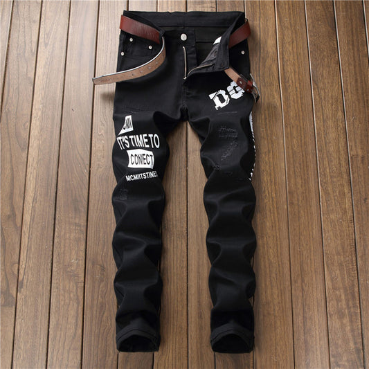 Letter Straight Print European Men's Jeans