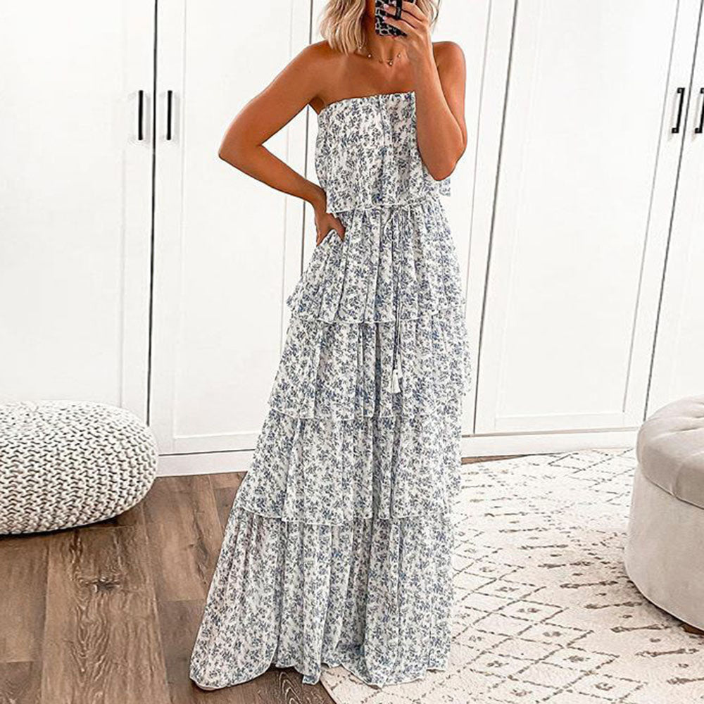 Floor-Length Off Shoulder Sleeveless Print Summer Women's Dress