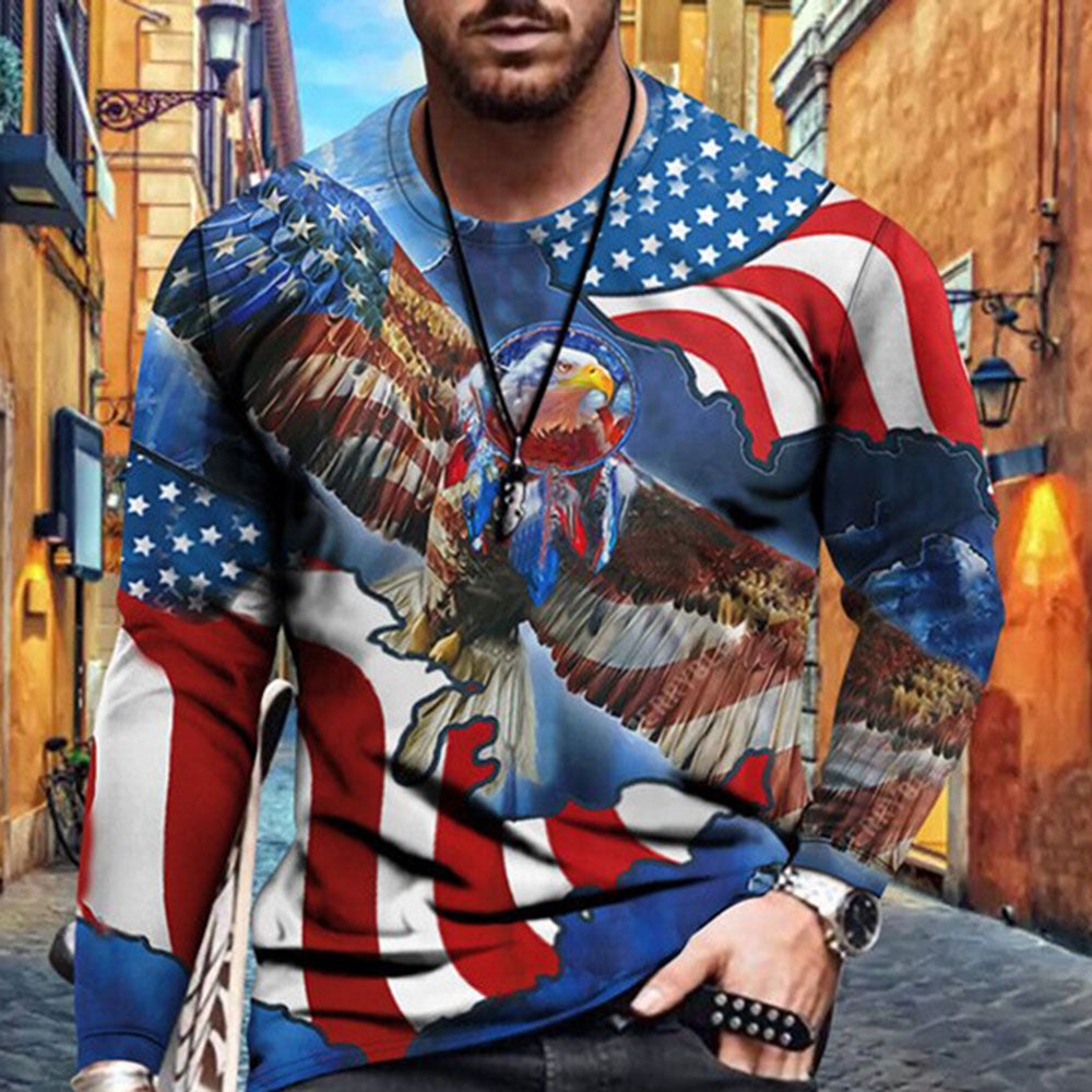 American Flag Patriotic T-Shirt | Round Neck Casual Print Long Sleeve Men's T-shirt