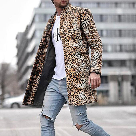 Stand Collar Print Leopard Mid-Length Autumn Men's Coat