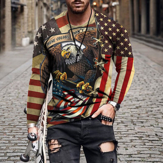 America These Colors Don't Run T-shirt | Casual Round Neck Cartoon Print Long Sleeve Men's T-shirt