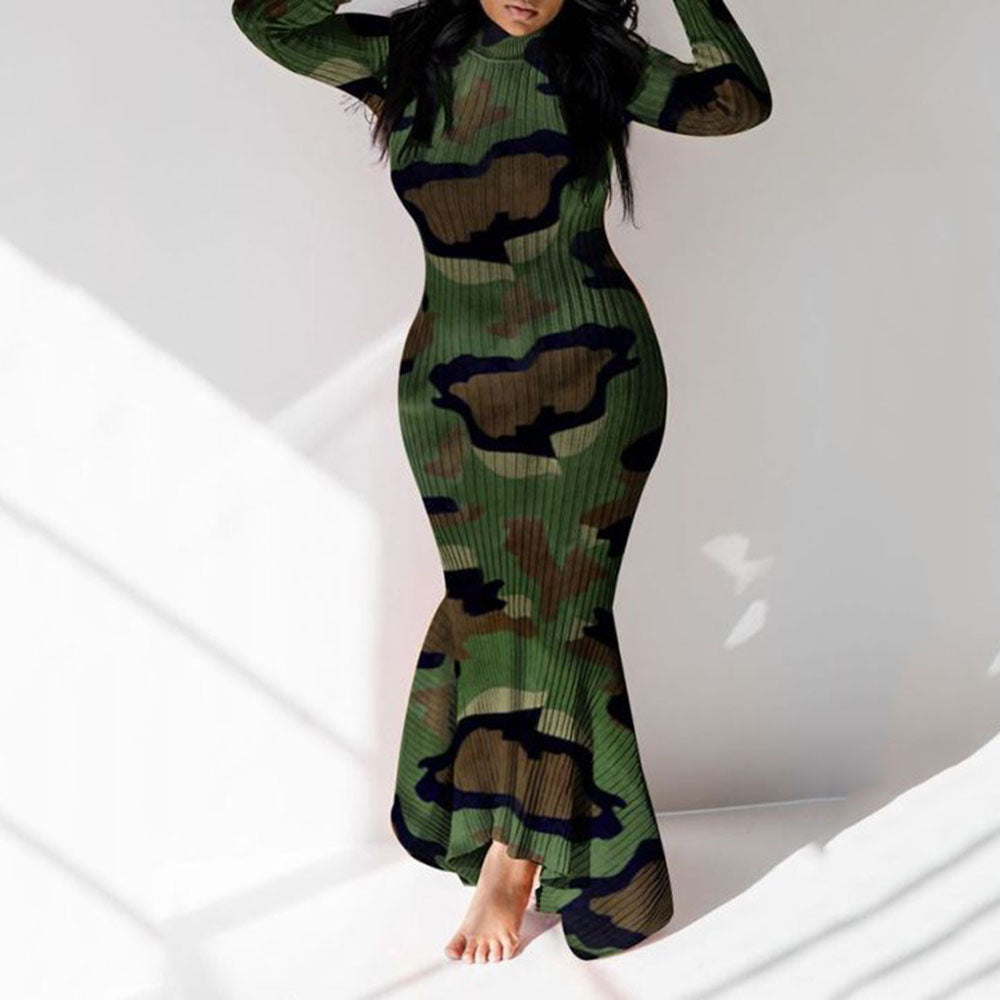 Asymmetric Floor-Length Long Sleeve Camouflage Women's Dress