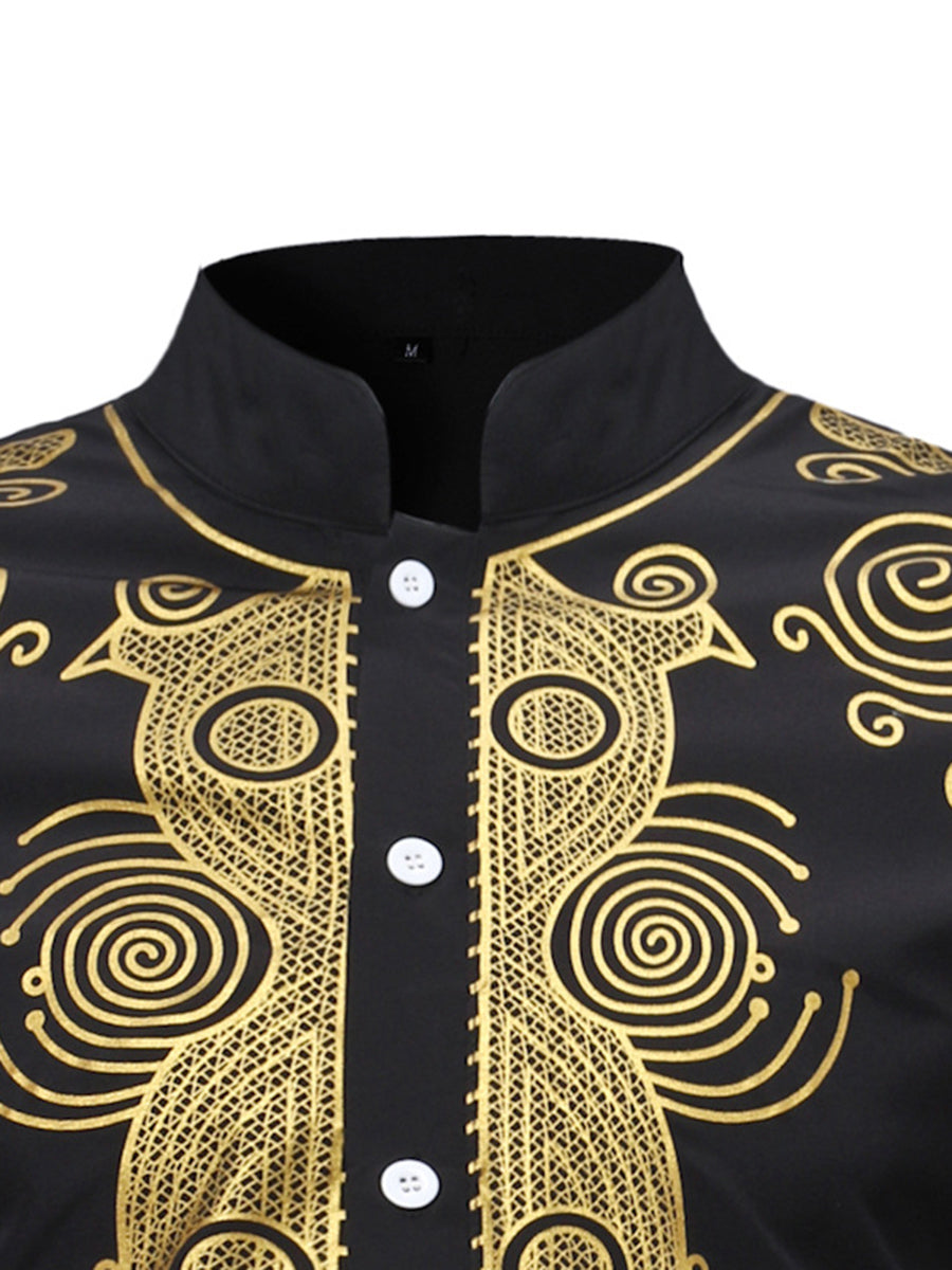 Dashiki Print African Ethnic Style Stand Collar Plain Slim Men's Shirt