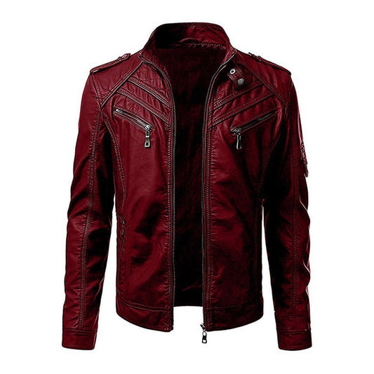 Plain Stand Collar Standard Spring Men's Leather Jacket