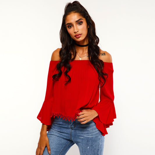 Plain Off Shoulder Asymmetric Flare Sleeve Short Women's Blouse