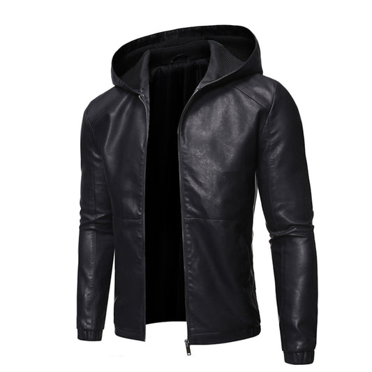 Hooded Standard Plain Zipper Men's Leather Jacket