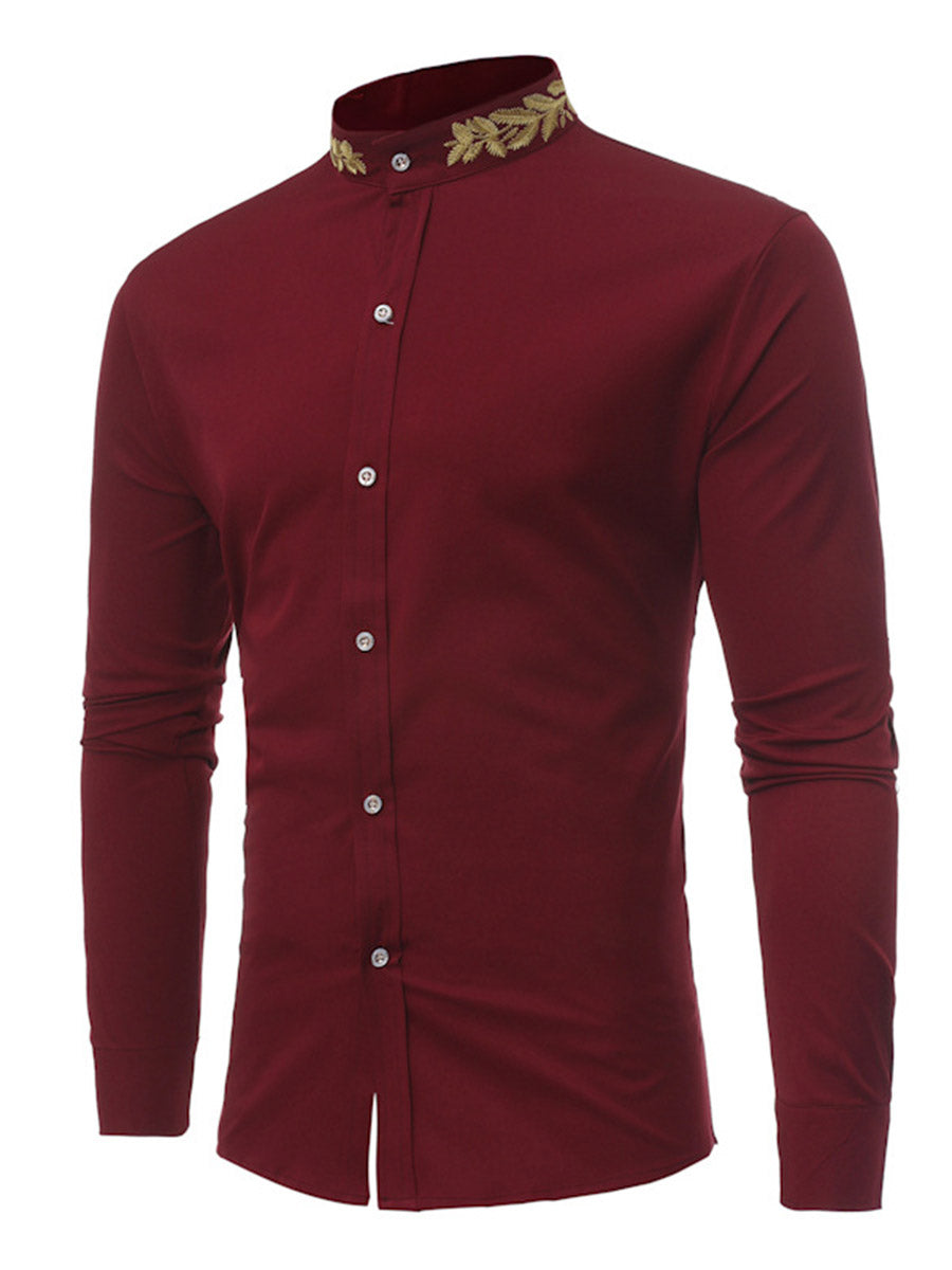 Embroidery Stand Collar Plain Single-Breasted Men's Shirt