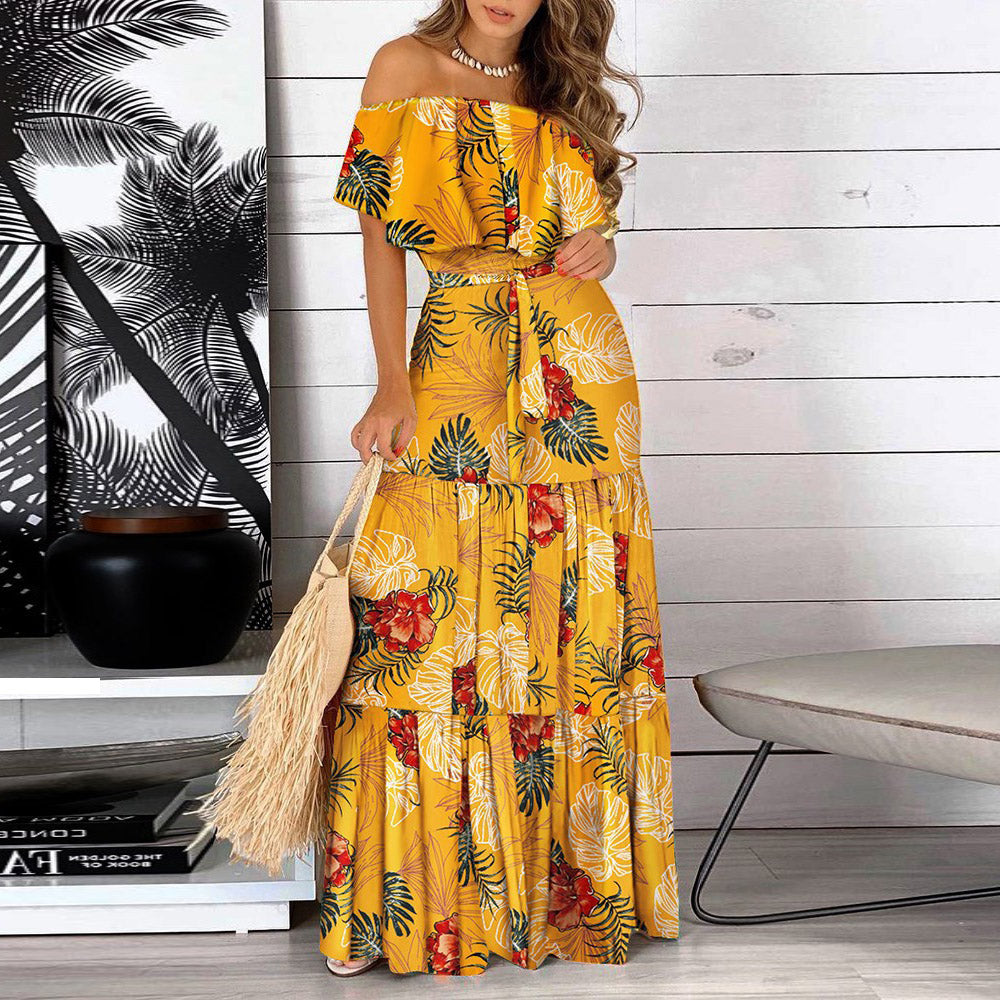 Floor-Length Print Short Sleeve Off Shoulder A-Line Women's Dress